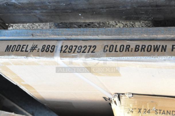 Cardboard box labeled "Model#: 88942979272, Color: Brown," containing items like wire shelf and bi-fold tables.