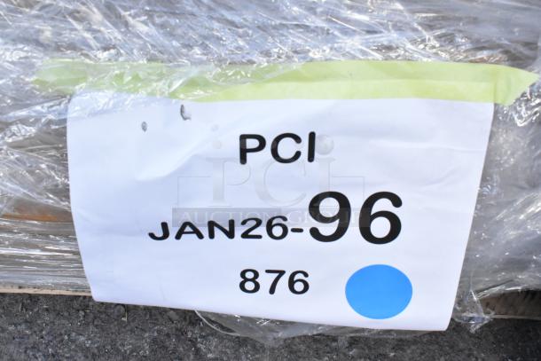 Bundle of 14 brand new scratch and dent items, including table base columns and drawer, wrapped in plastic with label "PCI JAN26-96 876."
