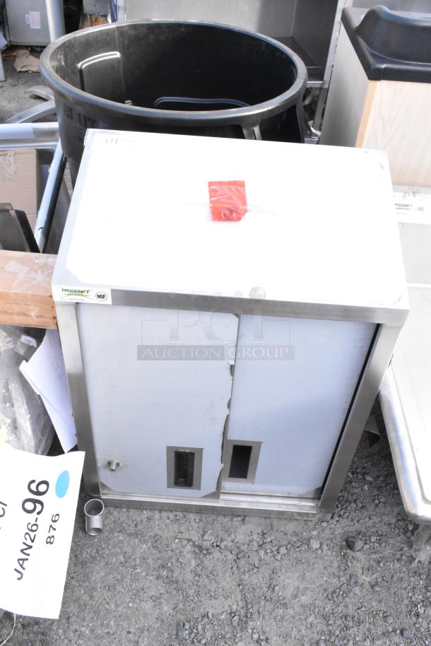 "Brand new Regency 600WCS1524 24-inch stainless steel wall cabinet with sliding doors, minor scratches, NSF certified."