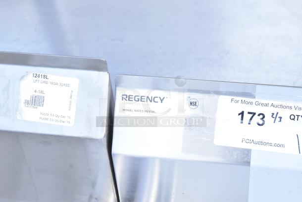 Regency 600S3182418L stainless steel 3 bay sink, scratch and dent, no legs, model label visible, left side drain board.