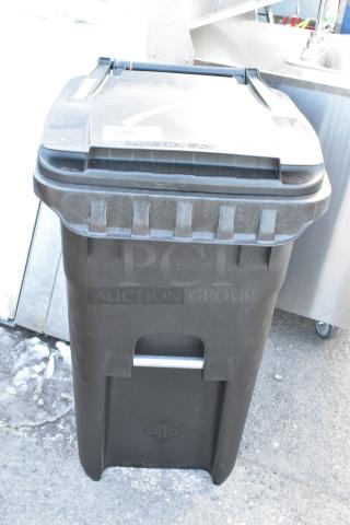 Brand new Lavex black poly trash can with minor scratches. Durable construction, labeled for trash, ideal for commercial use.