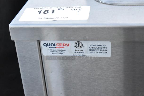 QualServ stainless steel portable sink with commercial casters. ETL and CSA certified. Serial #499-0357.