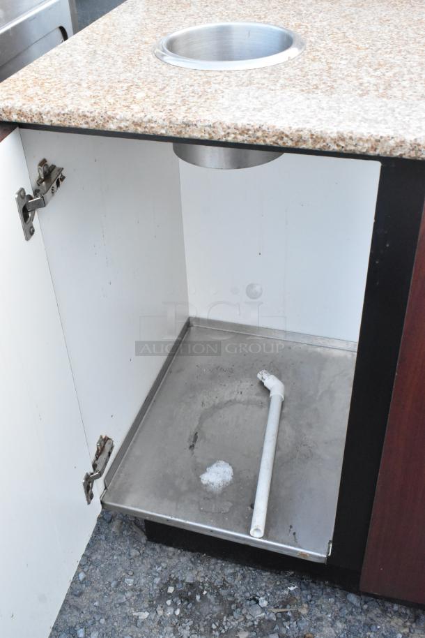 Wood pattern 2-door trash can shell with countertop and trash deposit hole; open, showing interior condition.