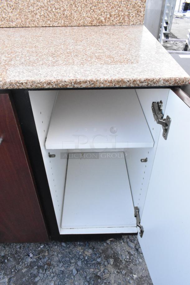 Wood pattern 2-door trash can shell with speckled countertop and trash deposit hole, open door showing interior shelf.