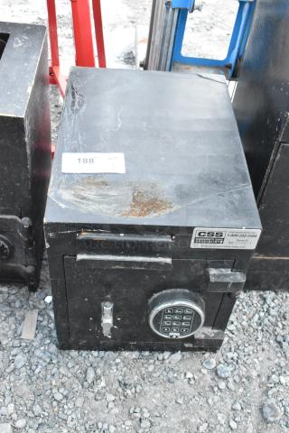 Corporate Safe Specialists black metal safe, single compartment, no combination, visible wear and rust, serial SG 6000821.