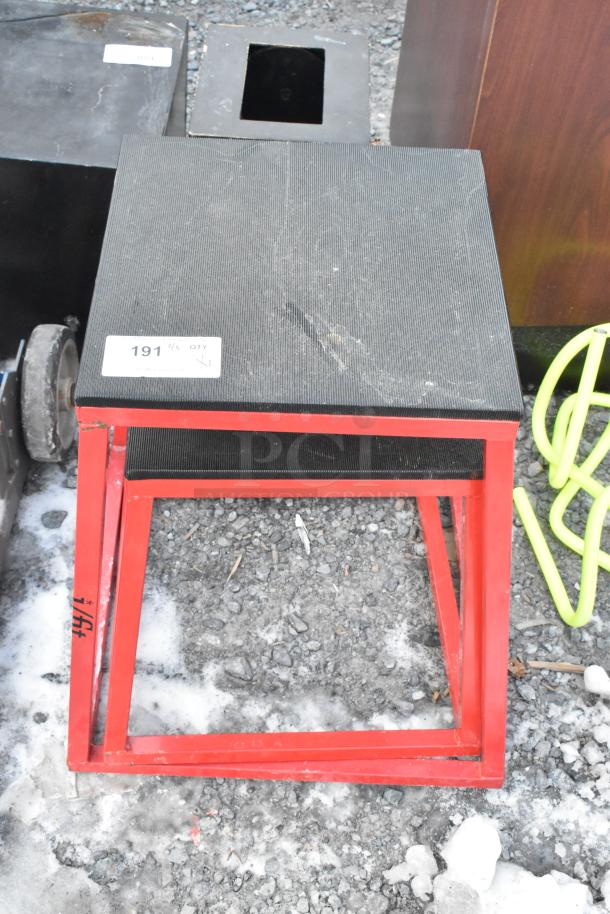 Black and red stool, square metal frame, lightly worn surface, label marked "191" and "Qty 2," auction item.
