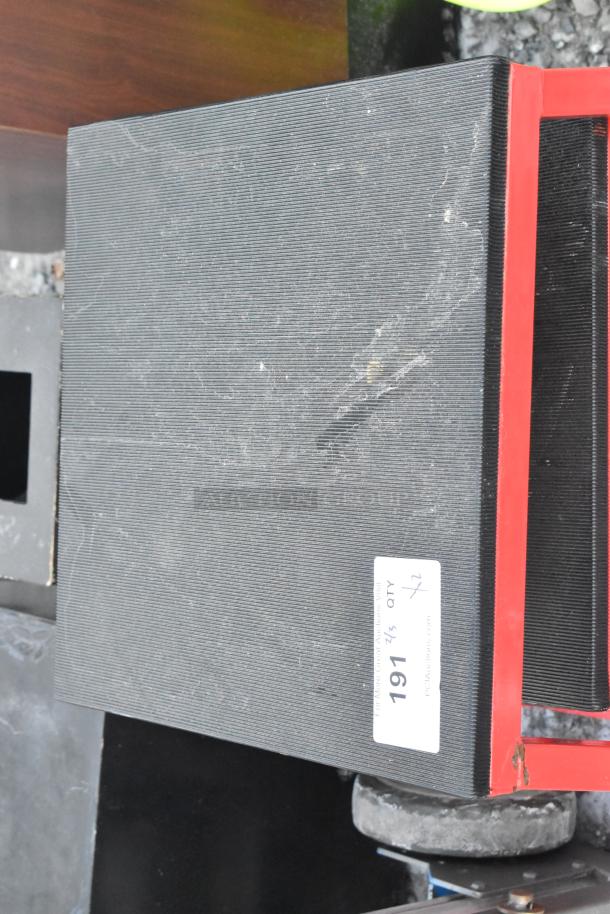 Two black and red stools, stacking design, some surface wear visible. Tag indicates auction item 191, quantity x2.