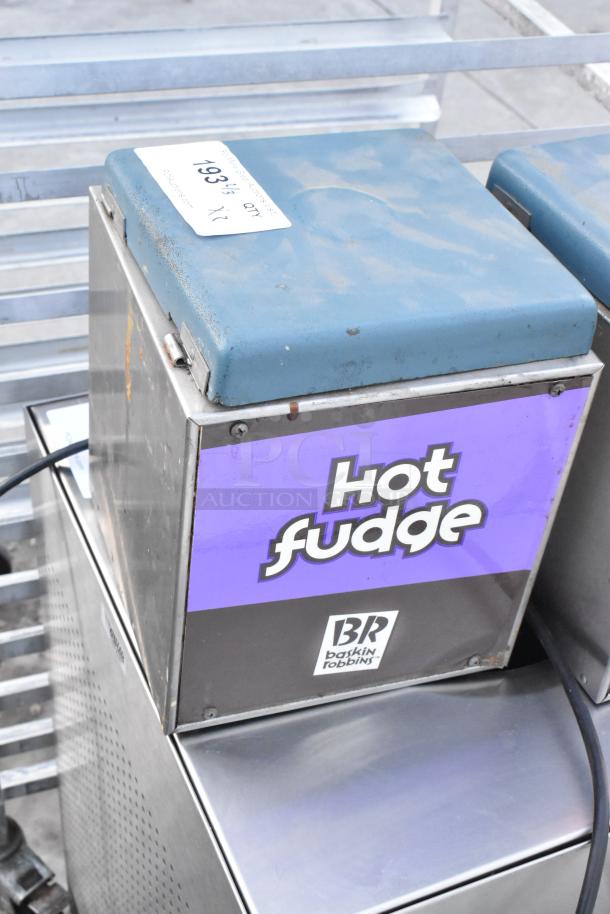 Karma 104 countertop chocolate warmer with blue lid, labeled "Hot Fudge" and Baskin Robbins logo. 120V, 1 phase, used condition.