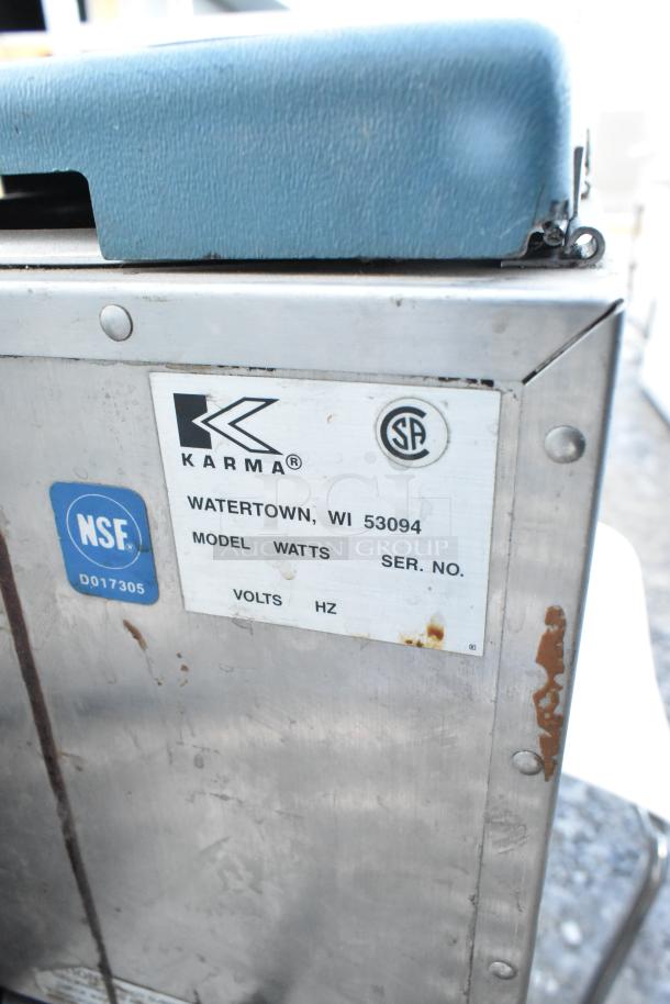 Karma 104 Countertop Chocolate Warmer, 120 Volts, stainless steel, visible wear. Labels show NSF and CSA certifications.