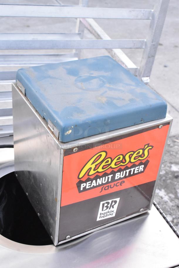 Karma 104 Countertop Chocolate Warmer, stainless steel with blue lid, Reese's branding. 120V, 1 Phase. Used condition.