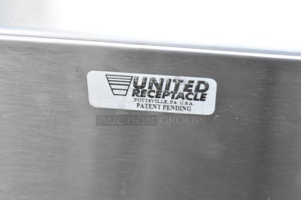 United Receptacle stainless steel trash can shell, branded label reading "Patent Pending" from Pottsville, PA, USA.