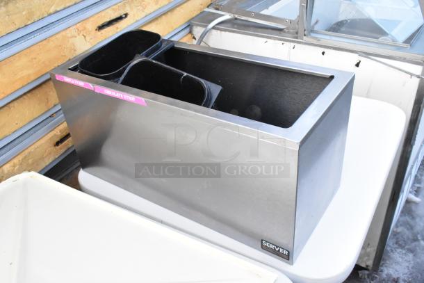 Three white dining height tables with metal baking pans and white poly lids, marked with syrup labels, in good condition.