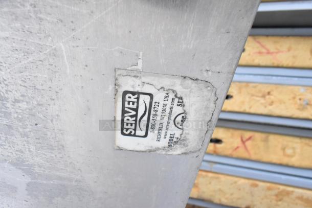 3 white dining-height tables with metal baking pans and white poly lids. Includes visible "Server" label.