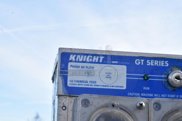 Knight GT Series commercial pass through dishwasher control panel with flow indicator and caution labels.