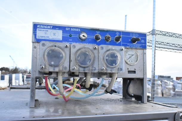 Knight GT Series commercial pass-through dishwasher, features visible control panel, pipes, and label. Used condition.