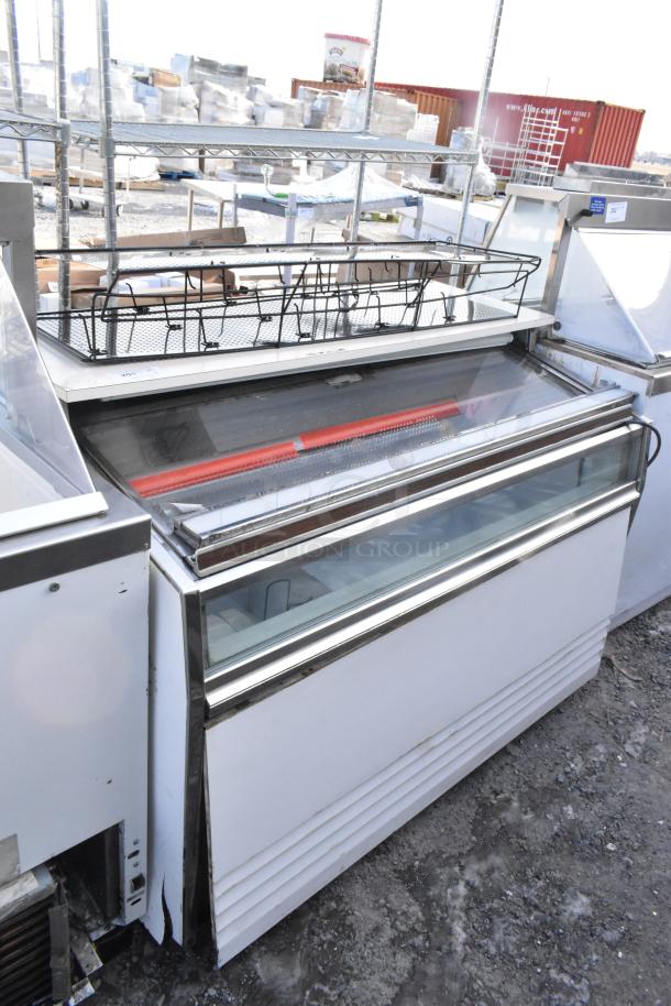 Commercial novelty ice cream freezer merchandiser, 115 volts, 1 phase, glass sliding doors, metal frame, outdoor setting.