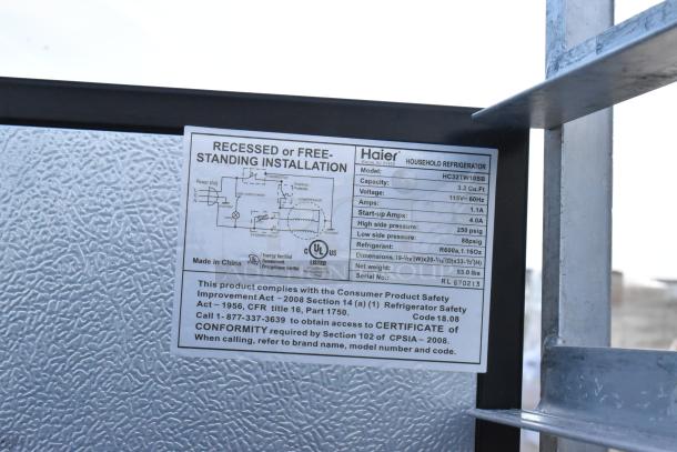 Haier HC32TW10SB mini cooler label, detailing model, 3.2 cu. ft. capacity, 115V, safety certifications, and dimensions.