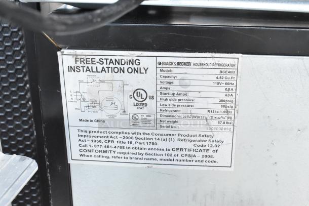 Label on Black & Decker refrigerator model BCE46B, 4.52 Cu.Ft., 115V, UL listed. Made in China, serial number included.