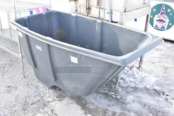 Brand new Lavex 1/2 cubic yard tilt truck, gray, with 300 lbs capacity. Model 475AG001TBGY. Minor scratches visible.