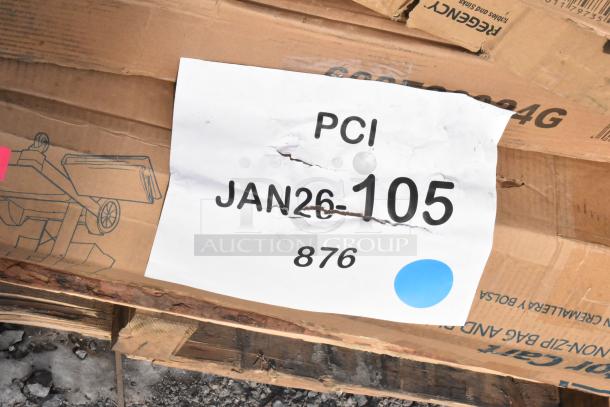 New scratch and dent items, including trash can, cart. Box marked "PCI JAN26-105, 876." Multi-item auction lot.