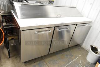 Brand new Mainstreet 829PT72 Commercial Sandwich Salad Prep Table, scratch and dent condition, 115V, mega top, on casters.