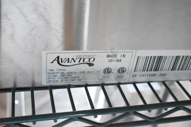 Avantco 177F202 dual tank fryer label with specs; 208-240V, 2657-3538W, 30lb capacity. "Made in China," ETL certified.