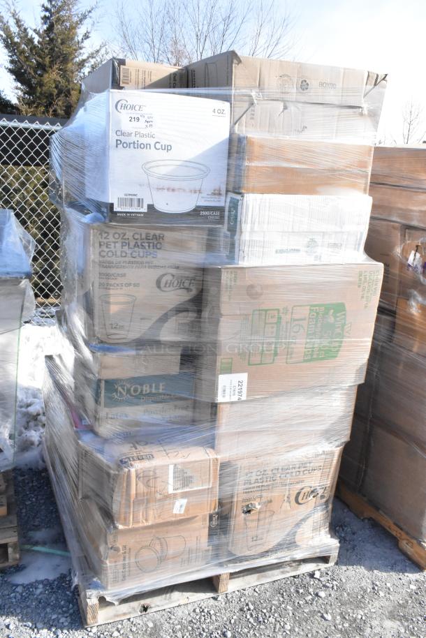 Pallet of assorted new scratch and dent items, including Choice plastic cups, Noble disposable gloves, foam containers.