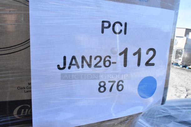 Pallet of mixed items showing PCI label with "JAN26-112" and item code "876." Includes popcorn bags, containers, can liners.