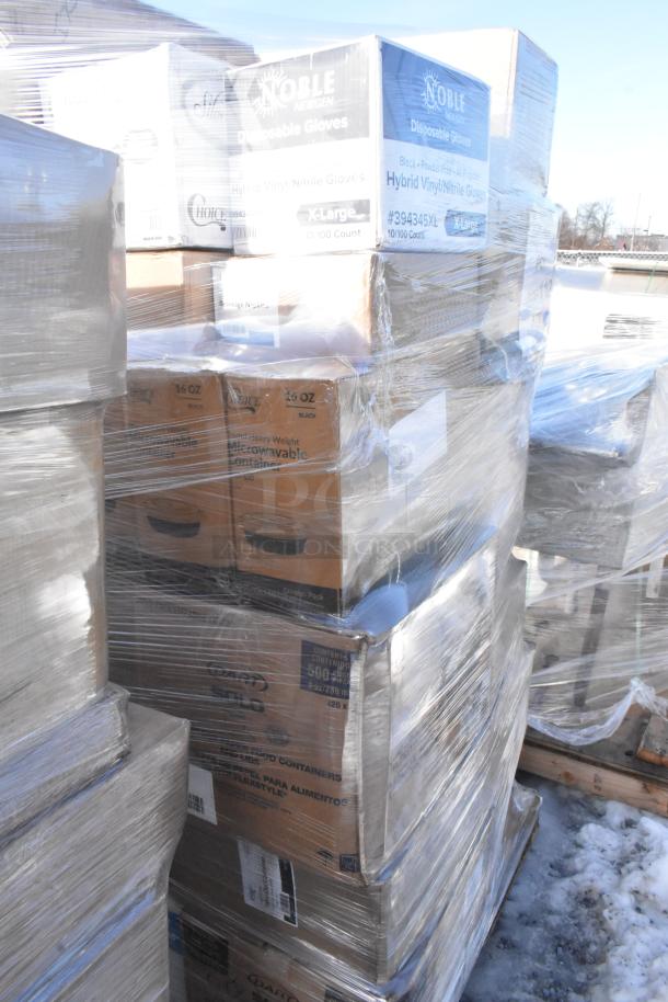 Pallet of assorted items including Noble gloves, microwavable containers, popcorn bags. Scratch and dent, plastic-wrapped.