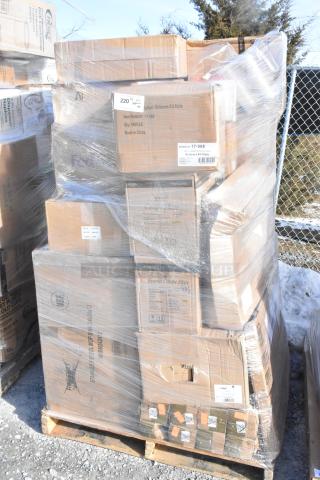 Pallet with 40 scratch and dent boxes, wrapped in plastic, containing glasses, plates, and a sink. Various box labels visible.