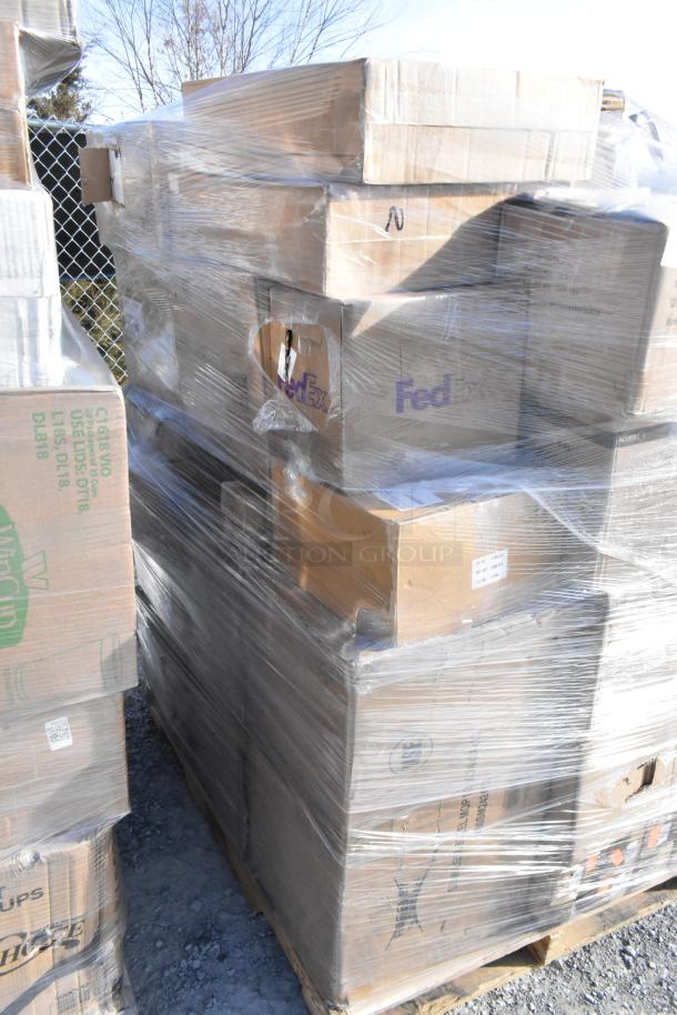 Pallet of boxes containing 40 assorted scratch and dent items, including glasses, plates, and a sink. Wrapped for shipping.