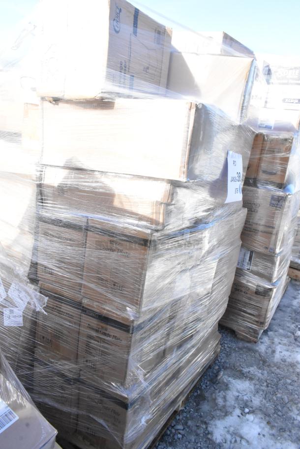 Pallet of 40 boxed scratch and dent items, including glasses and plates, wrapped in plastic film for auction.