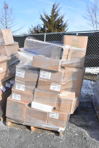Pallet of 32 new scratch and dent items, including Boltic wall heater, plates, POS paper rolls. Various boxes, wrapped in plastic.