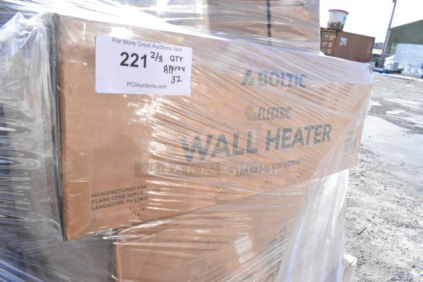 Boltic electric wall heater box, labeled "208/240V 3000/4000W." Approximately 32 items, wrapped, scratch and dent condition.
