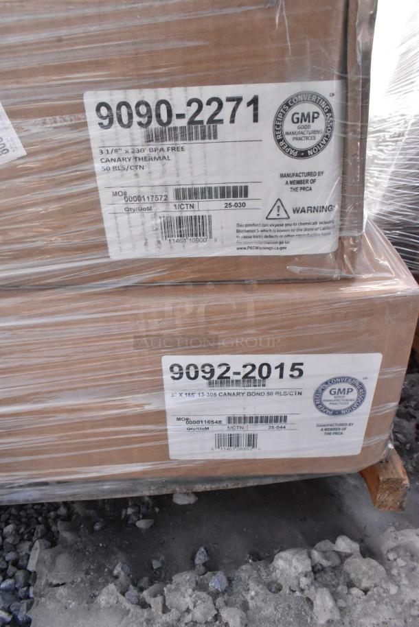Boxes labeled with "9090-2271" and "9092-2015," containing BPA-free canary thermal and bond paper rolls, wrapped on a pallet.