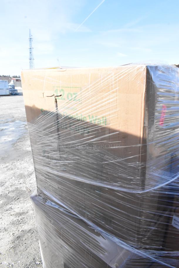 Pallet of 32 brand new scratch and dent items, including Boltic wall heater, plates, POS paper rolls, wrapped in plastic.