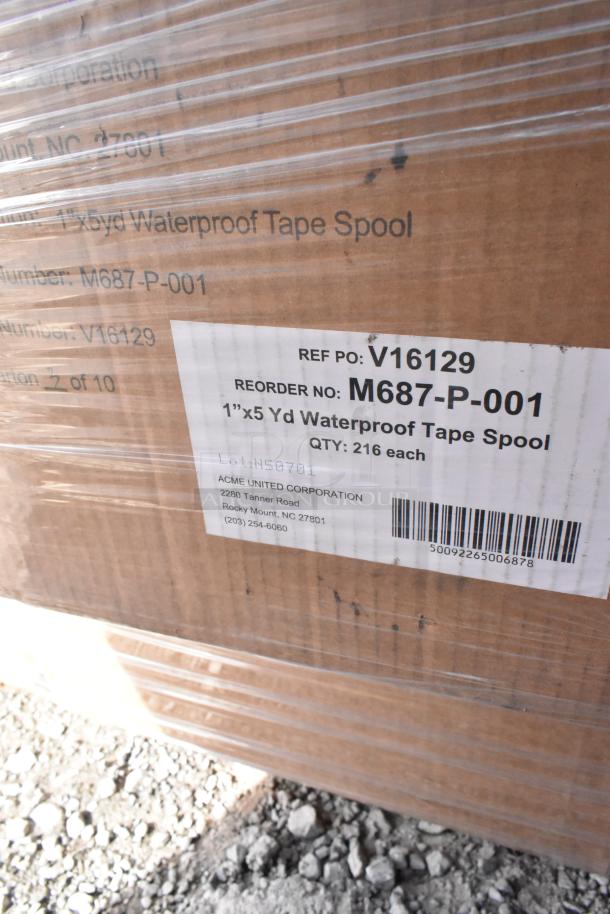 Cardboard box labeled "Waterproof Tape Spool," 1"x5 yd, qty 216, Acme United Corp, visible barcodes and contact info.