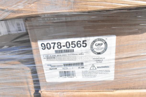 Box of 50 BPA-free thermal POS paper rolls, 3 1/8" x 230', labeled with product code 9078-0565.