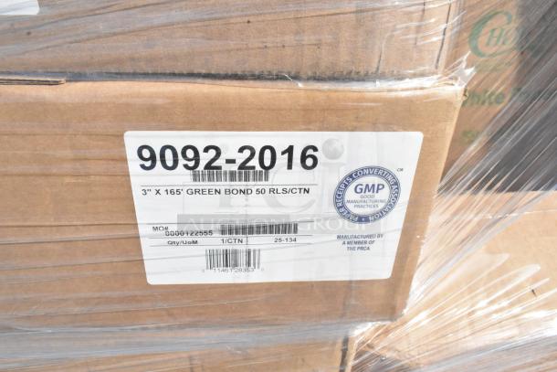 Box of 50 POS paper rolls, labeled "3" x 165' Green Bond," GMP certified seal, new condition, scratch and dent lot.