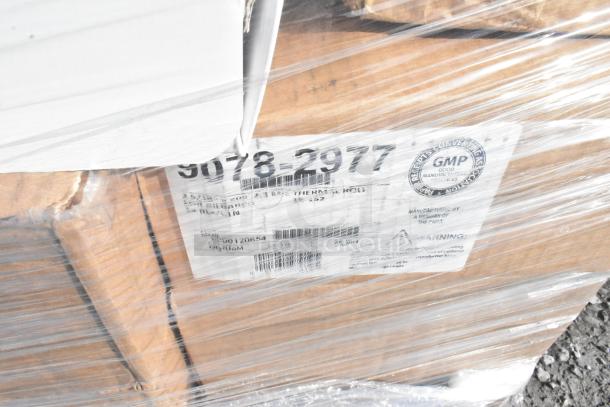 Plastic-wrapped pallet with labeled boxes of POS thermal paper rolls, item number 9078-2977, in brand new condition.