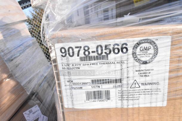Box of 50 BPA-free thermal rolls, 3 1/8"x 273', with label 9078-0566, encased in wrapped plastic.