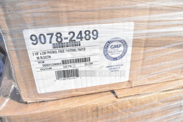 Box with label for phenol-free thermal paper, 3 1/8" x 230'. Marked 50 rolls per carton, with manufacturing certification seal.