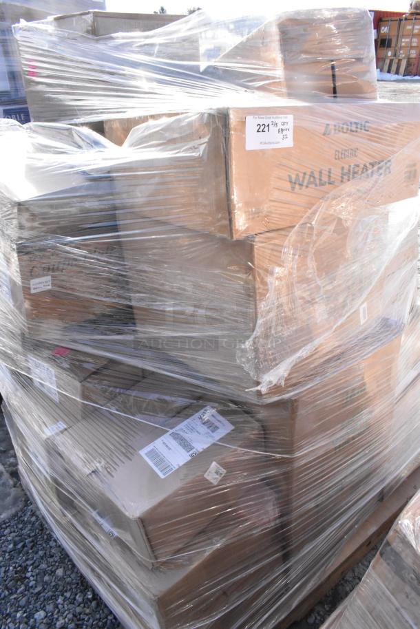 Pallet of 32 mixed items including Boltic wall heater, plates, POS paper rolls, scratch and dent condition, plastic-wrapped.