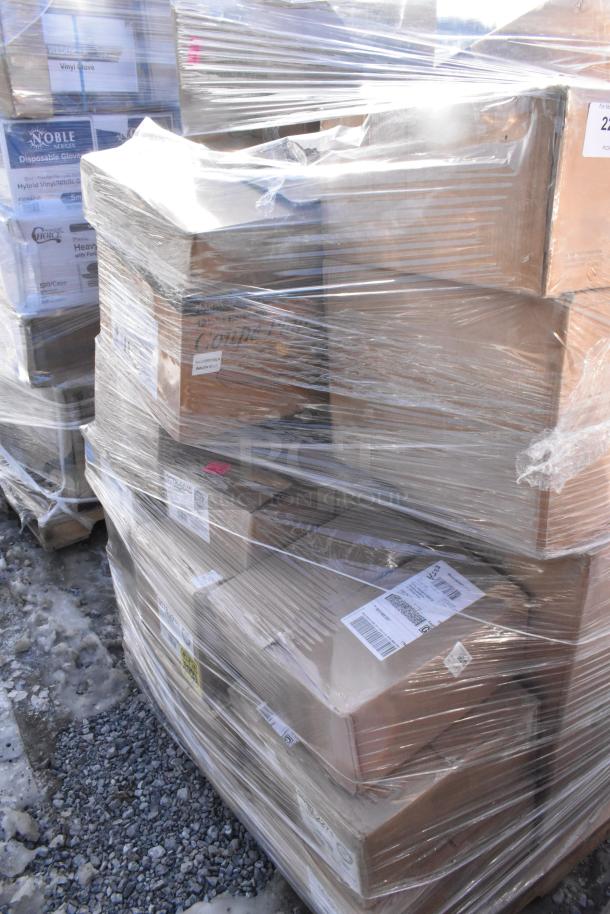 Plastic-wrapped pallet containing 32 brand new scratch and dent items, including a Boltic wall heater, plates, and POS paper rolls.