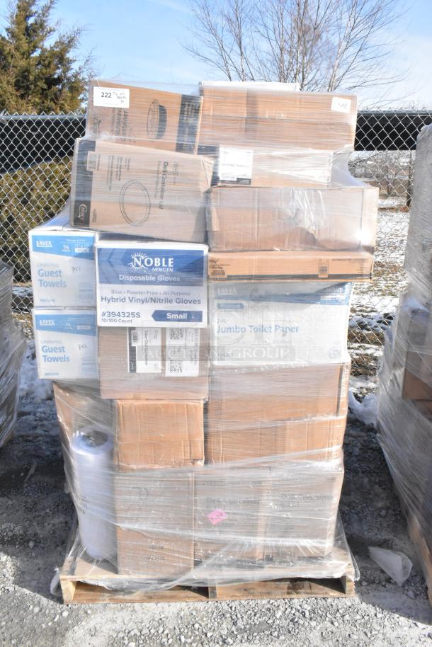 Pallet of 30 new scratch and dent items, including Noble gloves, Lavex towels, and containers, shrink-wrapped.