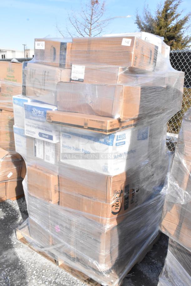 Shrink-wrapped pallet of various new scratch and dent items, including Noble gloves, Lavex toilet paper, and Choice cups.