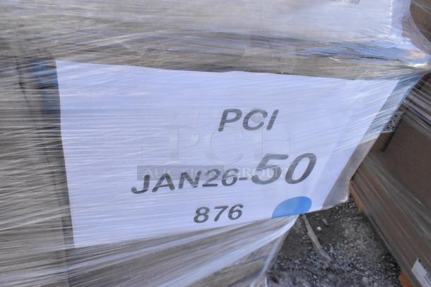 Pallet of assorted brand new items wrapped in plastic, labeled "PCI JAN26-50 876." Includes containers, cups, paper towels.