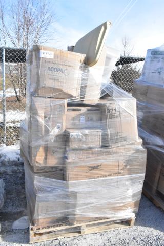 Pallet of 34 new scratch and dent items, wrapped and labeled, including napkin dispenser, sheet pan, ingredient bin, mop sink.