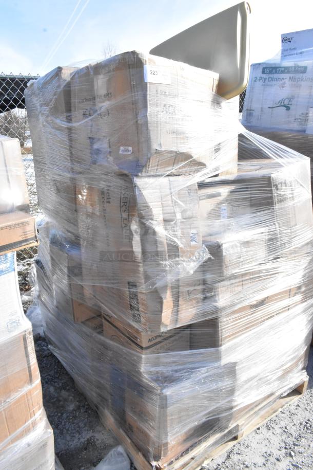 Pallet of 34 scratch and dent items, including boxed napkin dispensers, sheet pans, ingredient bins, wrapped in plastic.