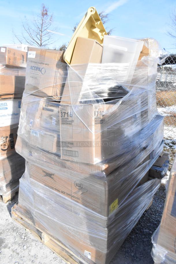 Plastic-wrapped pallet with new scratch and dent items, including boxes labeled "Napkin Dispenser," "Sheet Pan," "Mop Sink."